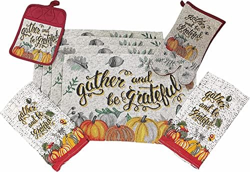 Set of 8, Gather and be Grateful with Pumpkin, Leaf Tapestry Kitchen