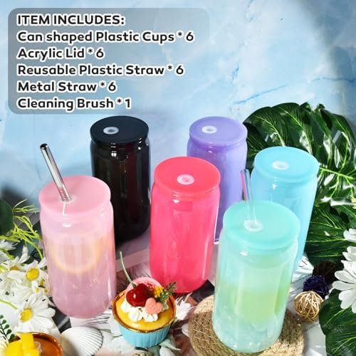 16oz Plastic Mason Jars, 6Pack Mason Drinking Acrylic Cups with