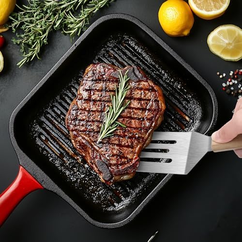 Stainless Steel Spatula Set, 2 pcs for Cast Iron Skillet with Wooden