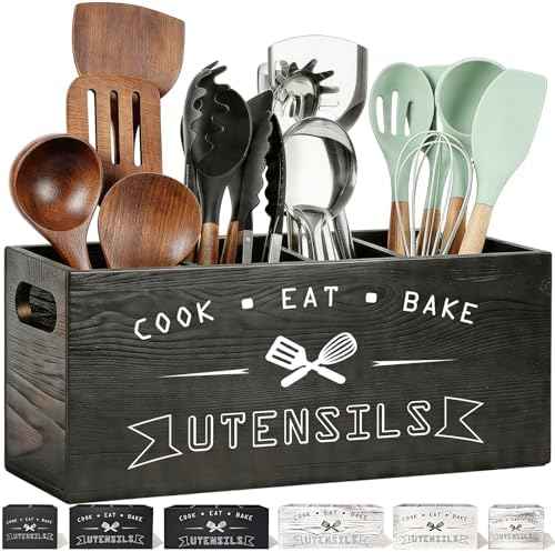 Large Black Utensil Organizer with Removable Dividers - Ideal Wooden