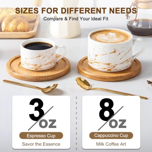 YOLIFE 3 OZ Stackable Porcelain Espresso Cups and Bamboo Saucers Set