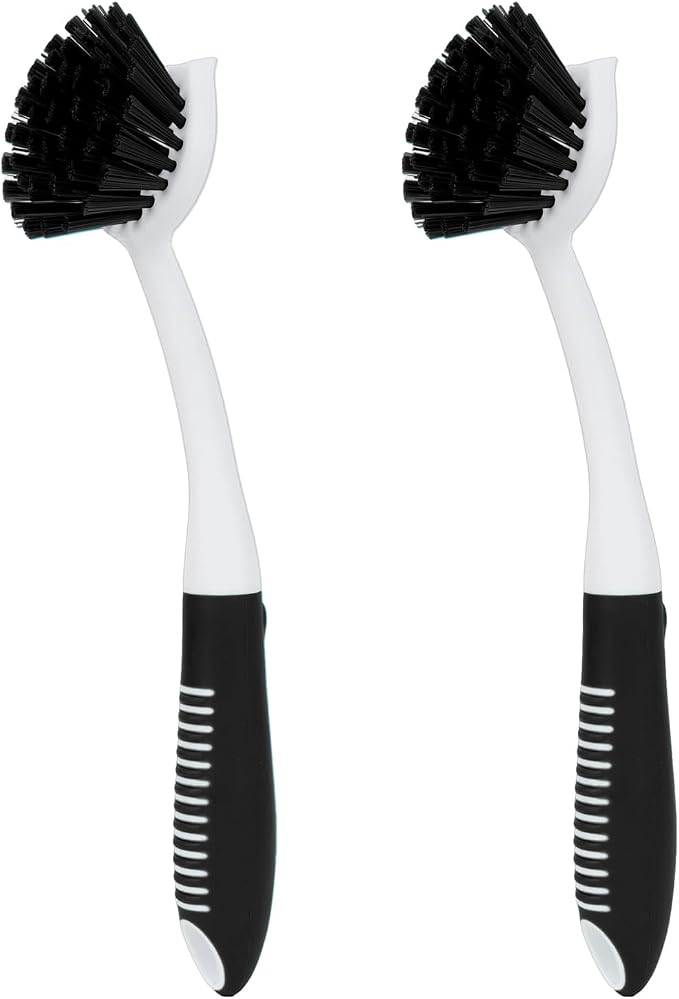 Dish Brush with Handle, 2 Pack Scrub Brushes with Built-in Scraper by HileSwan