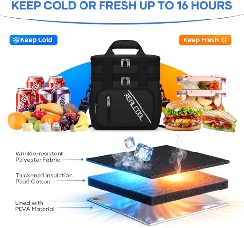 RealCool Insulated Lunch Bag, Portable Double Deck Lunch Box for Men