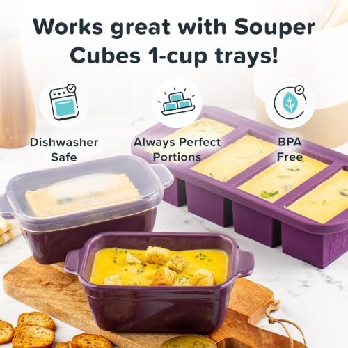 Souper Cubes 5"x3" Ceramic Baking Dishes with Lids, Plum, 4-Pack