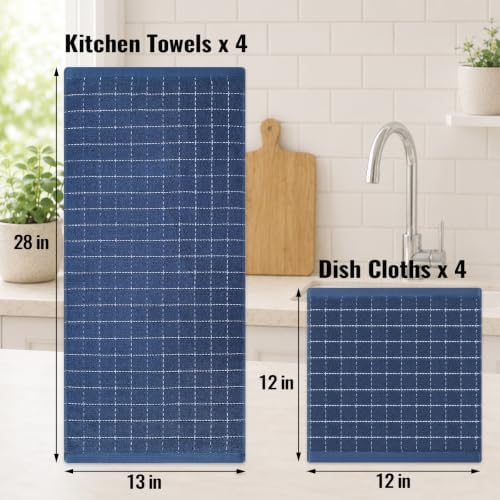 Kitinjoy 100% Cotton Kitchen Towels and Dishcloths Set, Navy Blue