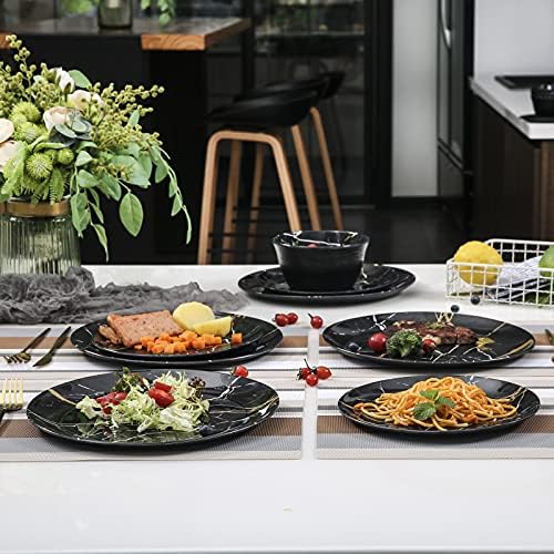 Melamine Dinnerware Sets - 12PCS Plates and Bowls Sets Black Marble