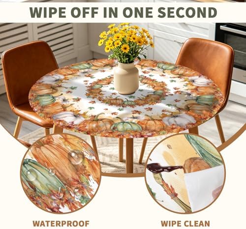 Fall Round Fitted Tablecloth with Elastic Edge Thanksgiving Autumn