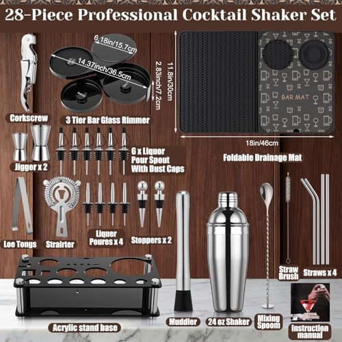 28 Pcs Cocktail Shaker Set and Bartender Kit with Stand, 18 x 12 Inch