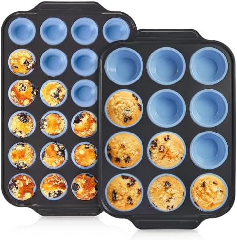 BRONYPRO 2-Pack 12 Cup and Mini 24 Cup Silicone Muffin Pans for Baking