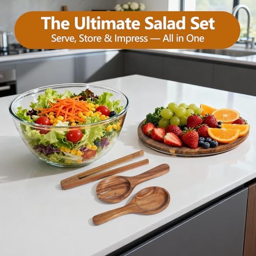 Anyvape 4.8QT Glass Salad Bowl with Lid, Charcuterie Board & Utensils