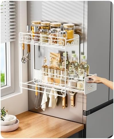 Magnetic Refrigerator Shelf with Sliding Shelf, White, 5 Hooks