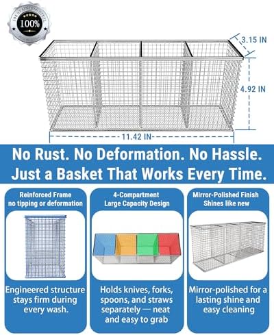 4-Compartment Dishwasher Silverware Basket, 304 Stainless Steel
