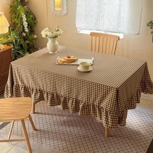 NSNLGSGC Tan Plaid Gingham Ruffled Tablecloth Rectangle 58"x84"