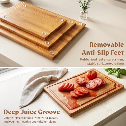 EDELHAUS Carbonized Bamboo Cutting Board Set of 3 with Stand, Non