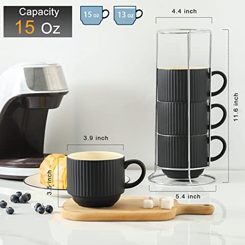 HASENSE Coffee Mug Ceramic Set of 4 with Stand, Stackable Large Latte