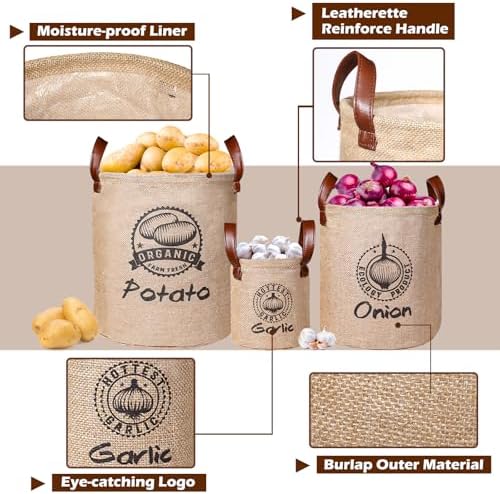 Kamehame Potato and Onion Storage Baskets Pack of 3, Lined Burlap