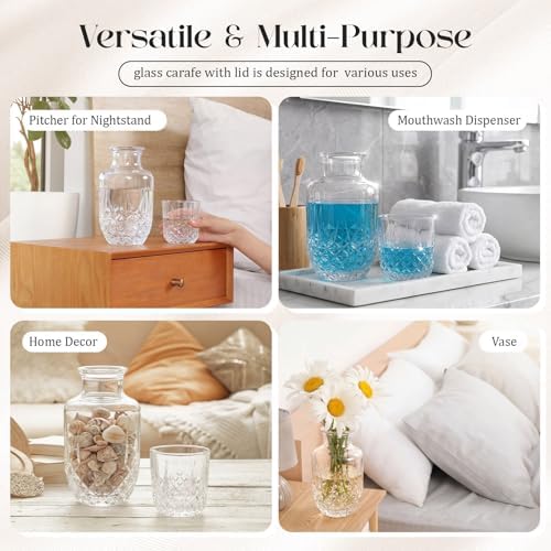 Hushee Set of 2 Vintage Bedside Water Carafe and Glass Set Clear