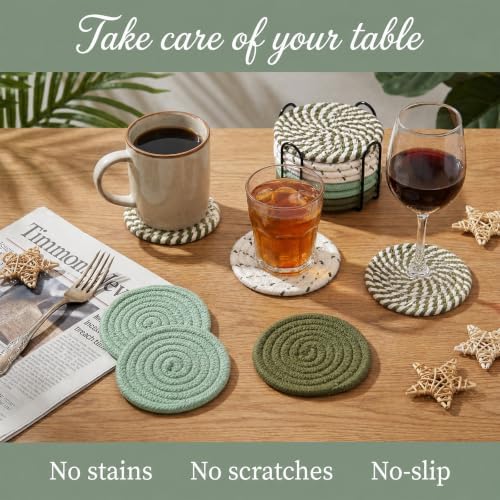 Drink Coasters Set of 8 with Holder, Cotton Woven,Olive Green