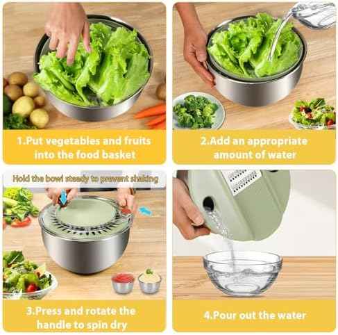 KITHELP Stainless Steel Salad Spinner Large 5.3Qt, Lettuce Spinner Dryer with 5 Blades Slicer, Vegetable Spinners, Lettuce Spinner, Fruit Washer Bowl with Strainer, Non-Slip Base, Dishwasher Safe