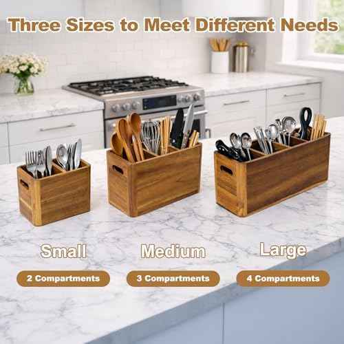 Utensil Holder, Kitchen Utensil Holder, Acacia Wooden Utensil Holder, Kitchen Utensil Holder for Countertop, Large Utensil Holder for Storage Cooking Tools and Silverware with 3 Compartments