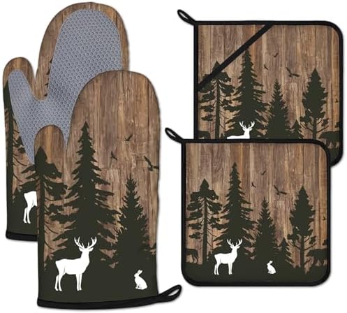 Deer Forest Wood Grain Oven Mitts and Pot Holders Set, 4Pcs