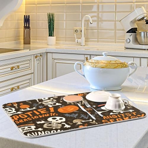OTVEE Creepy Pumpkin Art Dish Drying Mat for Kitchen Counter Absorbent