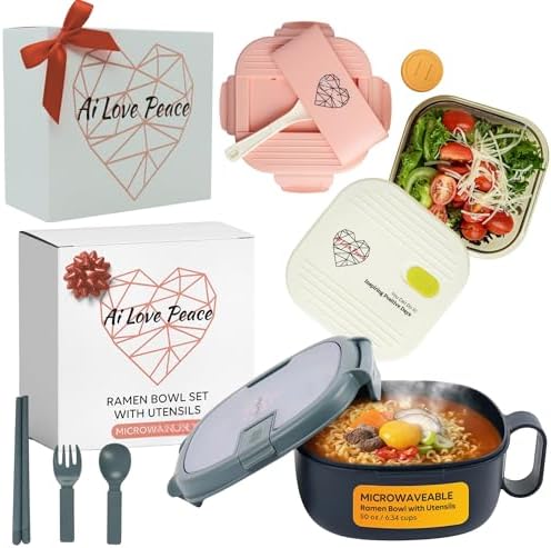 AI LOVE PEACE Microwave Ramen Bowl & Glass Meal Prep Container Bundle