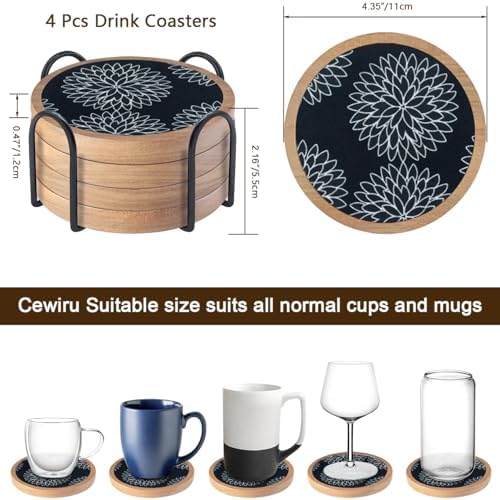 Wood Coasters Set of 4 with Holder, Cewiru Cup Mat for Drinks