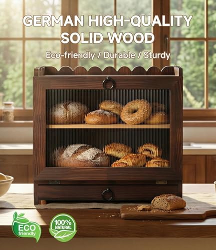 Bread Box for Kitchen Scalloped Countertop Wooden Double Layer Bread