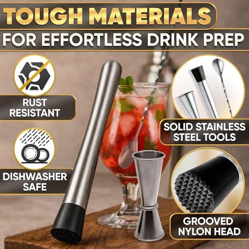 Set of Drink Muddler for Cocktails with Cocktail Spoon and Jigger