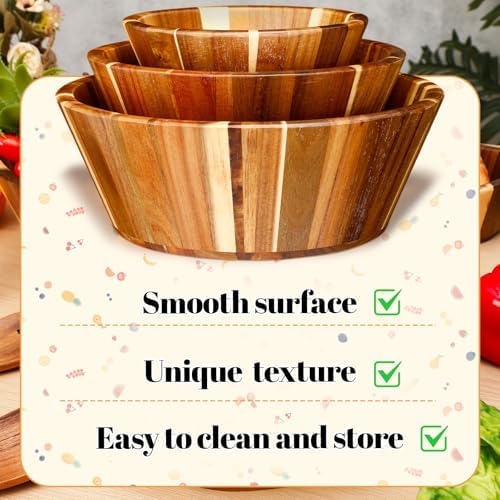 Yunlly Wooden Salad Bowl Set of 5 Acacia Wood with Utensils, Round