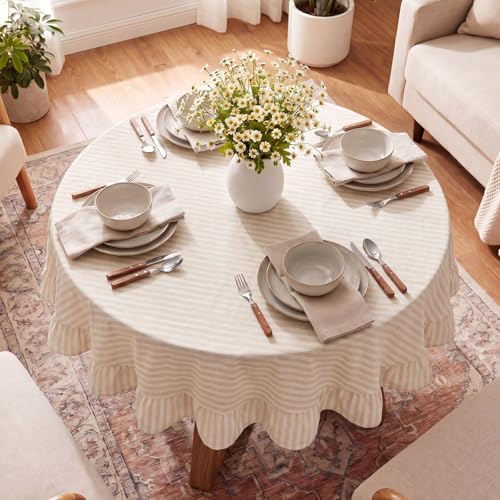 Boao Cotton Striped Tablecloth Round 60" Beige White
