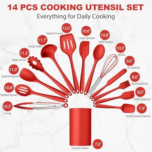 LIANYU 14 Pcs Silicone Cooking Utensils Set with Holder, Red