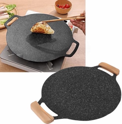 Round Korean Grill Pan, 30cm Nonstick Stone-Like Coated Iron BBQ Griddle with Wooden Handles for Home Camping Cooking