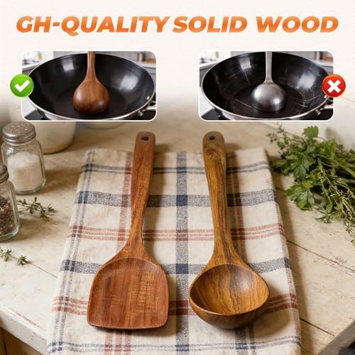 2Pcs Wooden Ladle and Spatula, Natural Acacia Long Handle, Large