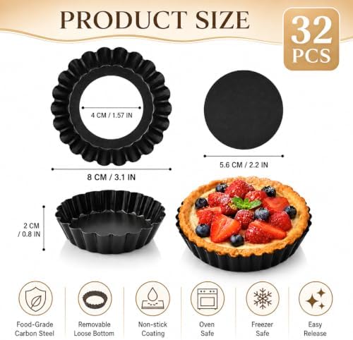 32 Pack Mini Tart Pans 3.1 Inch, Nonstick Carbon Steel Tartlet Pans
