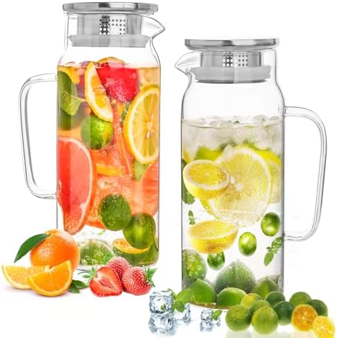 Set of 2 Glass Pitcher with Lid, 1800 ml Leak Proof,Glass Water Jugs