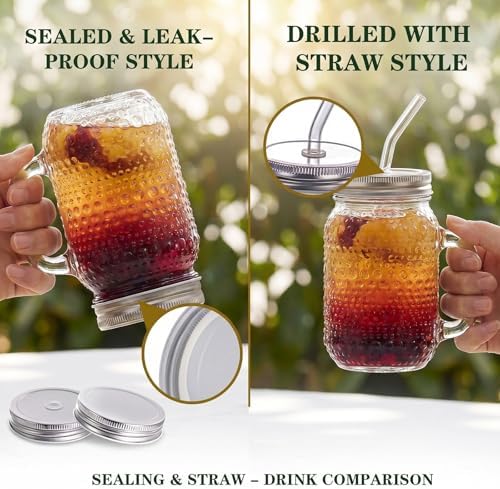 DaYammi 6 Pack 24oz Hobnail Mason Jars with Lids & Straws, Handle