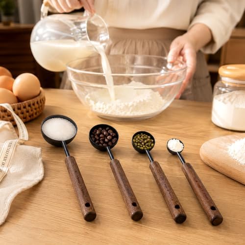 4 Pcs Wooden Handle Measuring Spoons, Black Stainless Steel Measuring