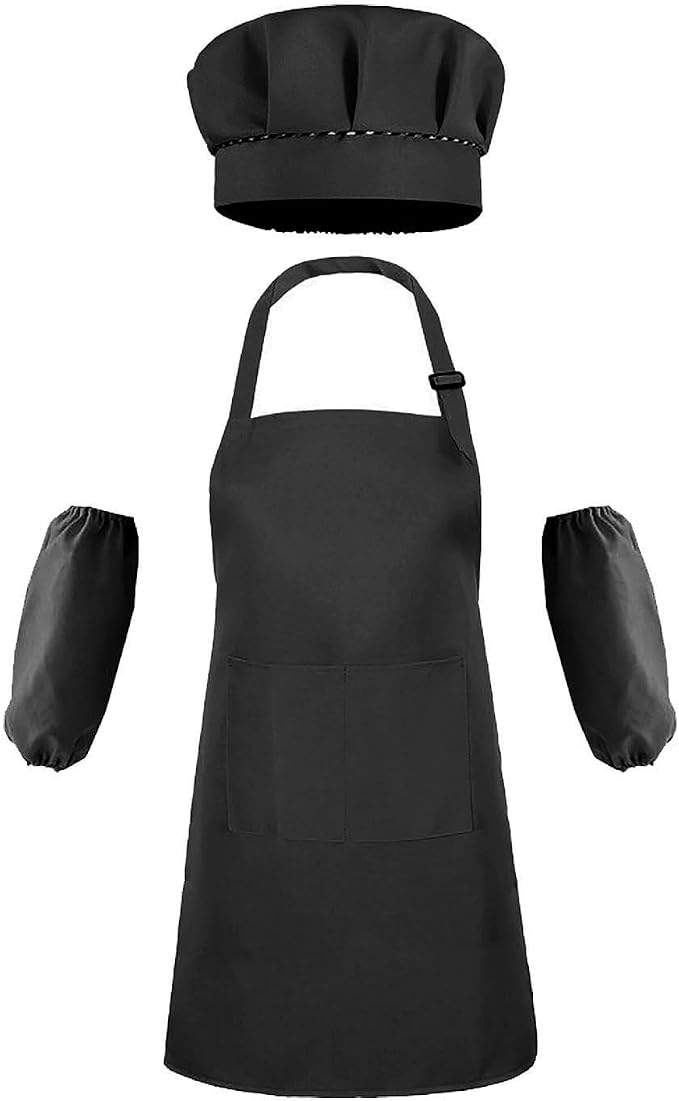 Kids Apron Set Chef Hat Sleeve Outfit Costume Toddler Girl Boy Aprons Cooking by AYANICA