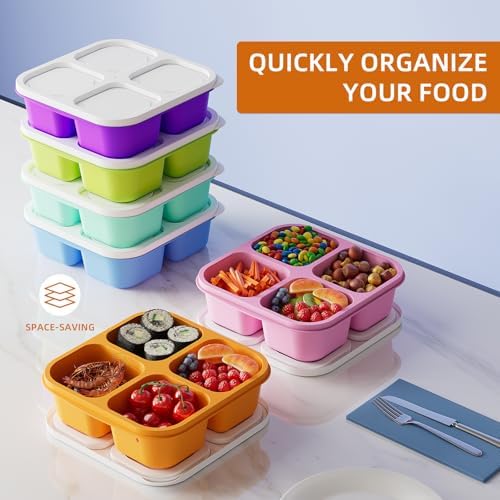 KEMETHY 6 Pcs Bento Snack Containers, Reusable 4 Compartment Food