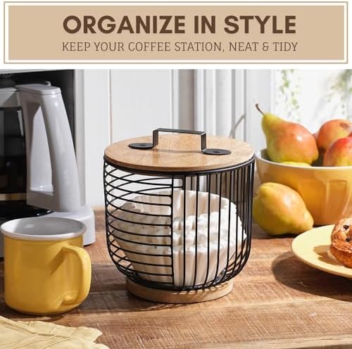 Coffee Filter Holder for Counter with Wooden Lid - Round Black Wire