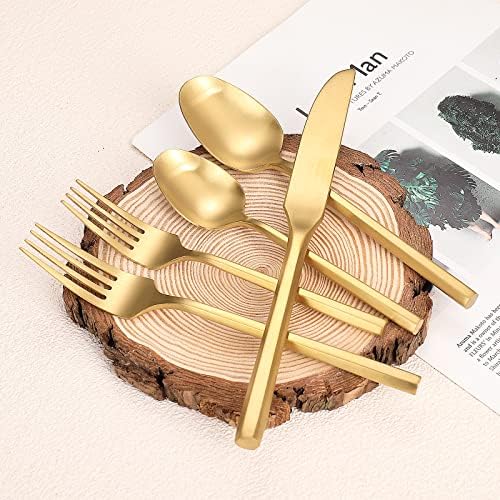 Matte Silverware Set Gold Flatware Set with Hexagon Handle 20 Pieces