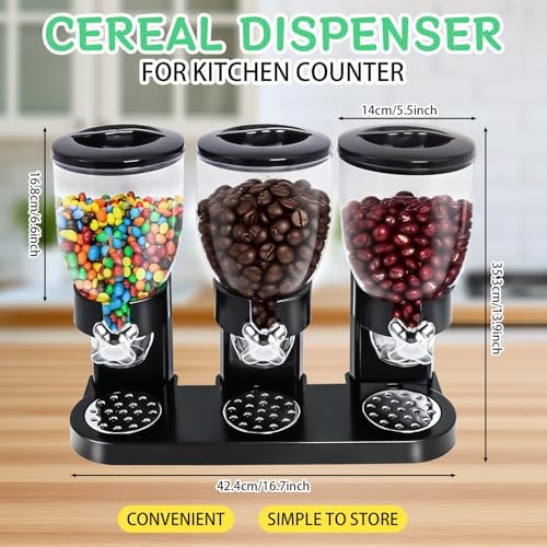 1 Pcs Triple Indispensable Dry Food Dispenser with Cup Black Cereal Storage Container 67oz Each Capacity for Kitchen Rice Nuts Cereal Snack Gumball Candy Dog Food