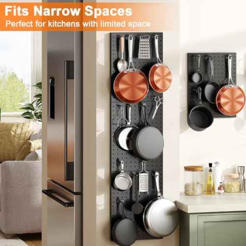 Hencawima Wall Mounted Peg board, 4 Pack Pot and Pan Organizer with 20 Hooks, Modular Kitchen Storage for Pots, Pans, Lids and Utensils, Easy Assembly