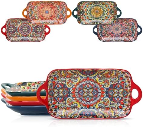 Boho Ceramic Serving Platters with Handles Set of 4, 12.59 Inch Large