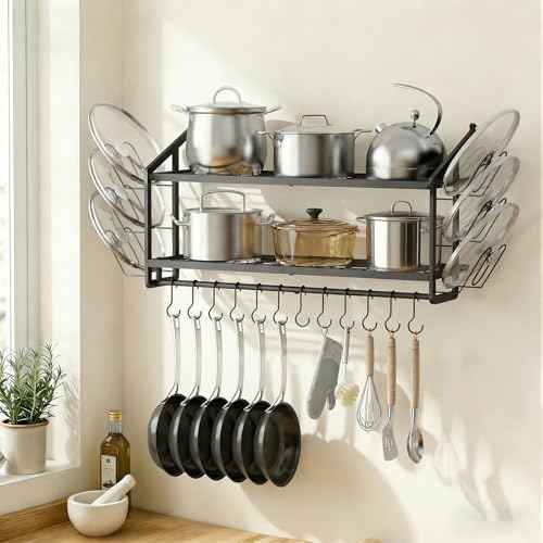 30"Pot Rack Wall Mounted with 6 Pot Lid Holders,12 Hooks for Hanging Pans