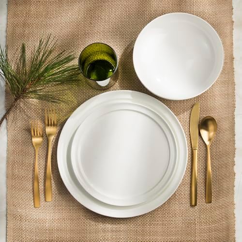 Lafayette St. Fine Bone China 12 Piece Dinnerware Set, Service For 4; Elegant Lightweight Ivory White Plates & Bowls with a Gloss Finish; Microwave & Dishwasher Safe