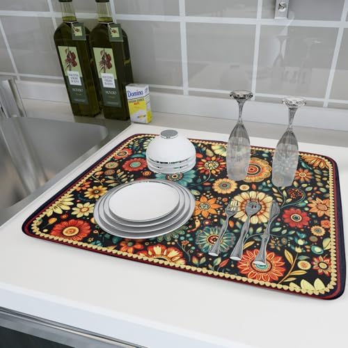 Boho Floral Dish Drying Mat for Kitchen Counter Absorbent Microfiber
