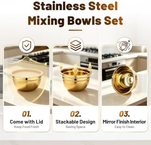 Beasea Stainless Steel Mixing Bowls with Lids, 1.5 QT, 5 Pack, Gold